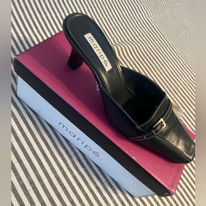 Mario’s Blue leather uppers slip on heels. Like new, in box. 2 1/4” heel